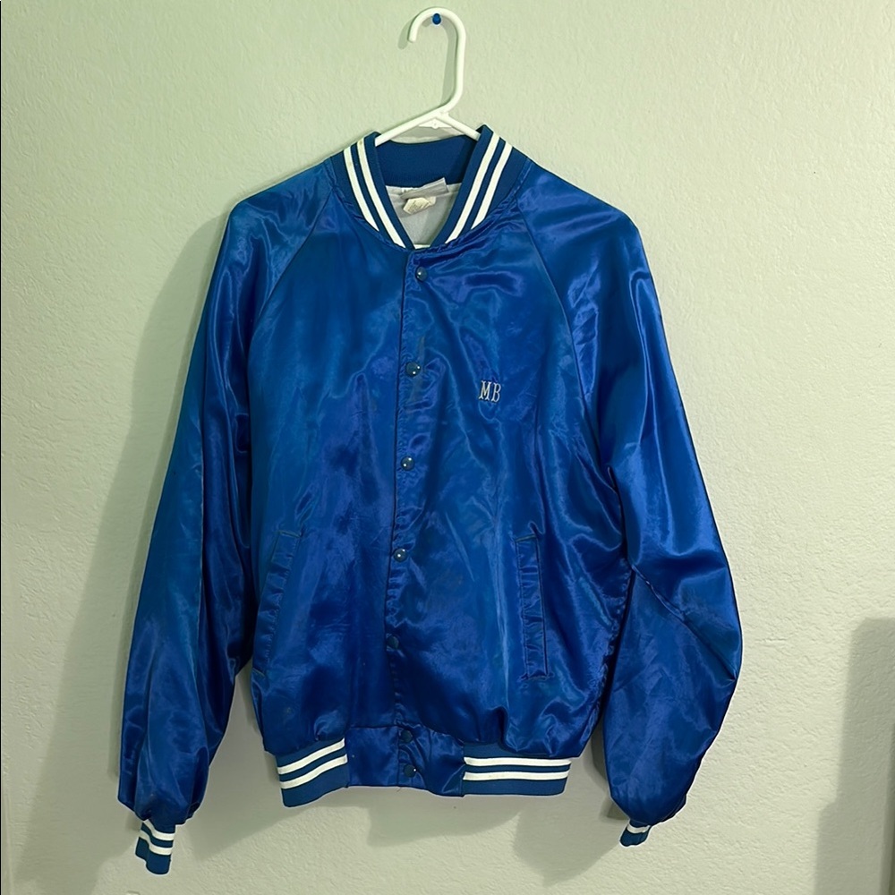 Royal Blue Satin Bomber Jacket with White Stripes